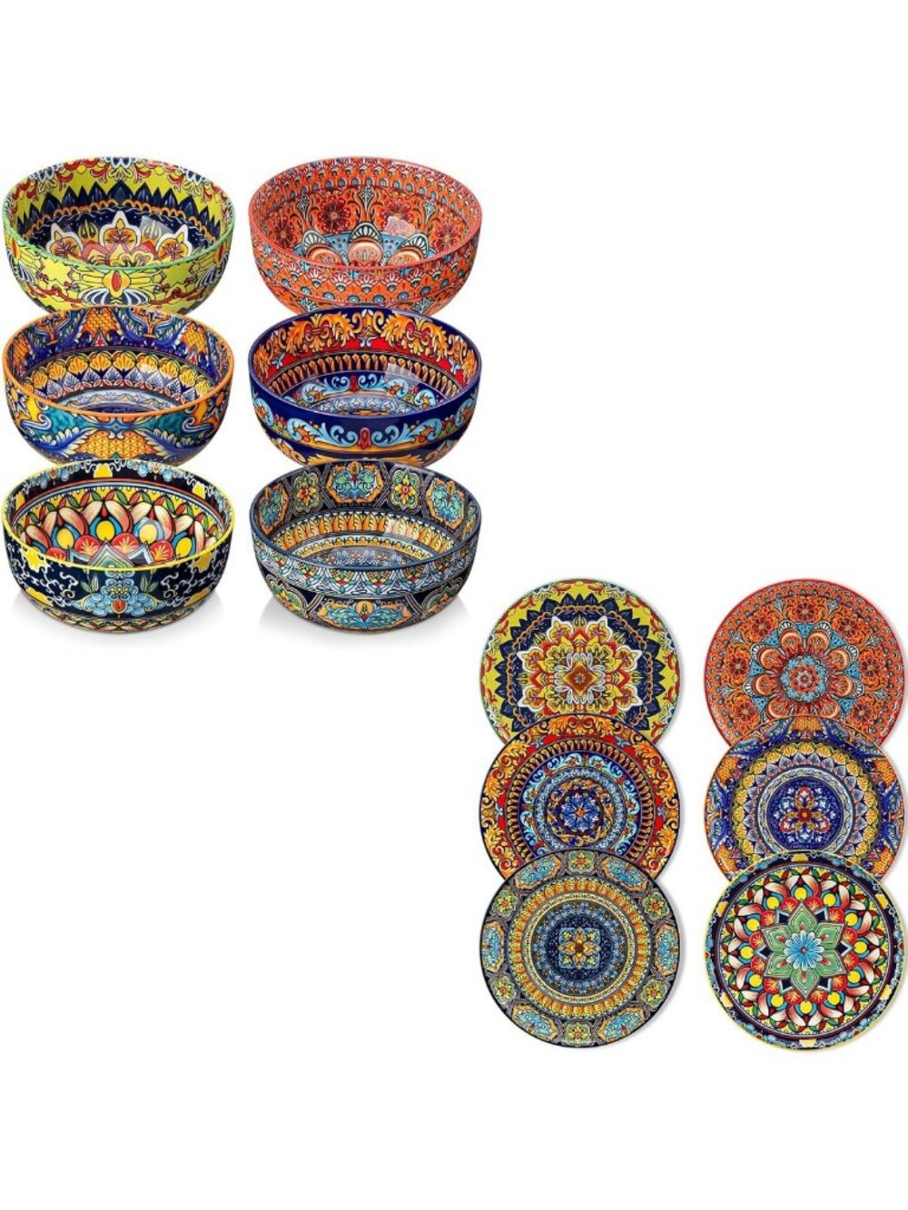 Boho 12-Piece Ceramic Bowl & Plate Set, Colorful Cereal, Soup, Dessert Dishes